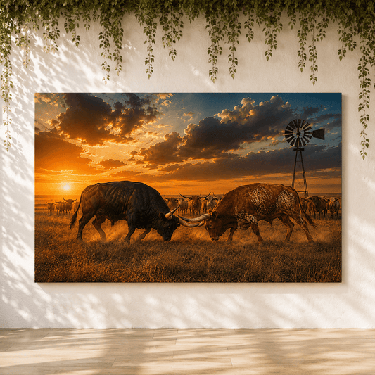 Winner Takes All – Longhorn Bulls Fighting for Herd Leadership Wrapped Canvas Wall Art - ART OF ROYALS