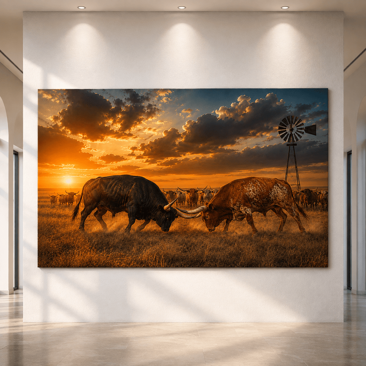 Winner Takes All – Longhorn Bulls Fighting for Herd Leadership Wrapped Canvas Wall Art - ART OF ROYALS