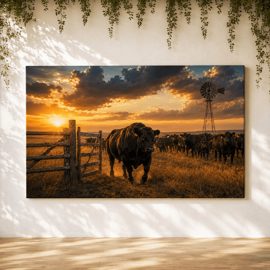 Champion Black Angus Breeder Bull Leading the Herd Wrapped Canvas Wall Art – Ranch Sunset Cattle Print - ART OF ROYALS