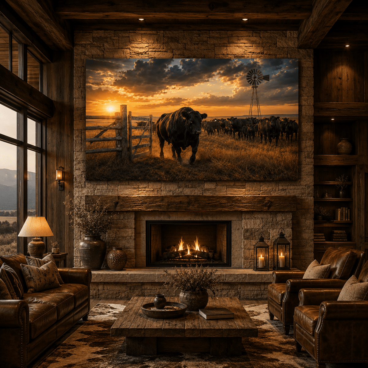 Champion Black Angus Breeder Bull Leading the Herd Wrapped Canvas Wall Art – Ranch Sunset Cattle Print - ART OF ROYALS