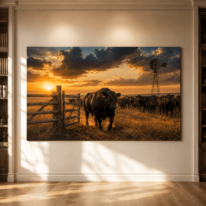Champion Black Angus Breeder Bull Leading the Herd Wrapped Canvas Wall Art – Ranch Sunset Cattle Print - ART OF ROYALS