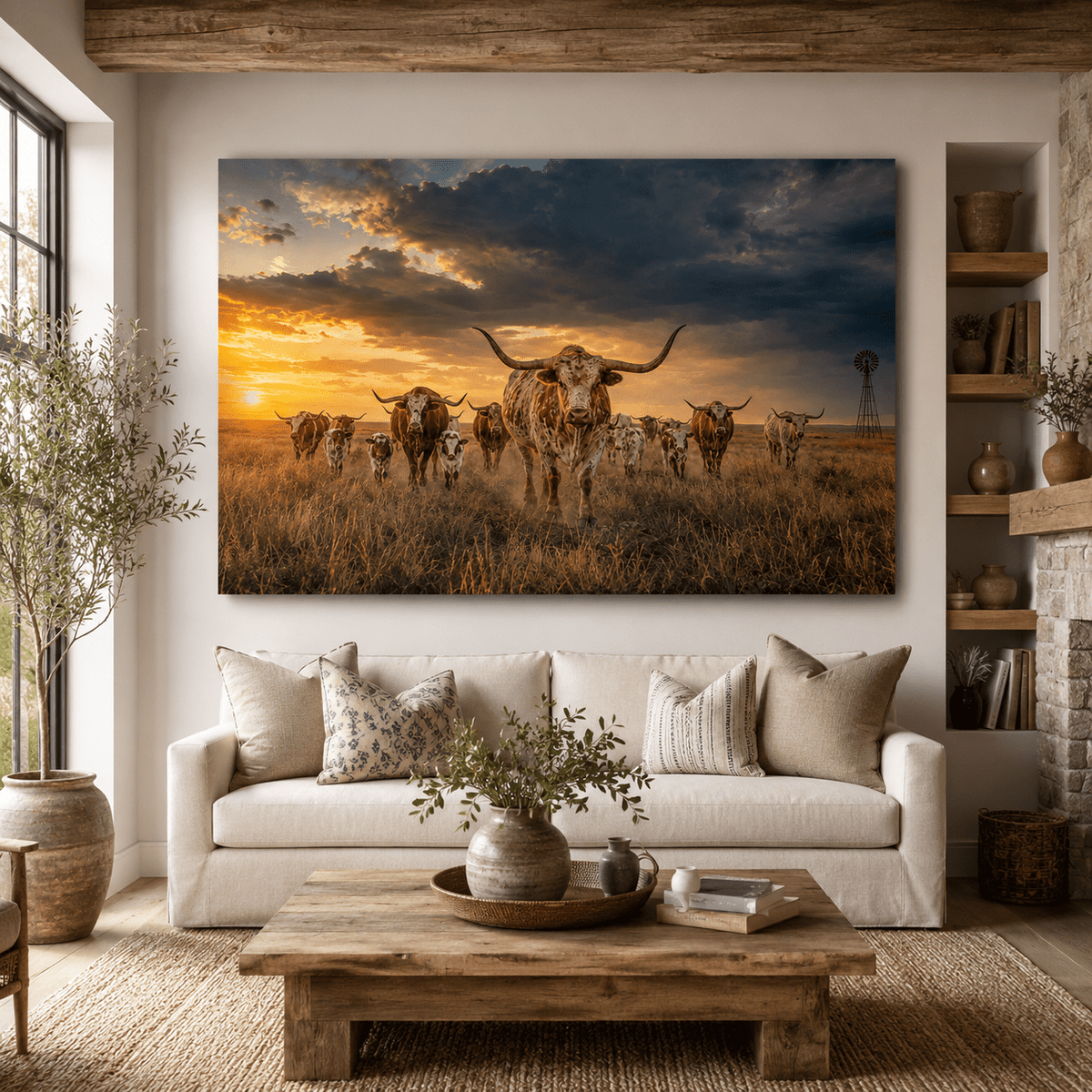 Texas Longhorn Herd at Sunset Wrapped Canvas Wall Art – Massive Horns Ranch Cattle Print - ART OF ROYALS
