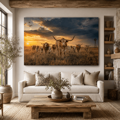 Texas Longhorn Herd at Sunset Wrapped Canvas Wall Art – Massive Horns Ranch Cattle Print - ART OF ROYALS