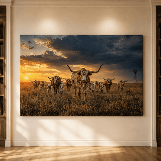 Texas Longhorn Herd at Sunset Wrapped Canvas Wall Art – Massive Horns Ranch Cattle Print - ART OF ROYALS