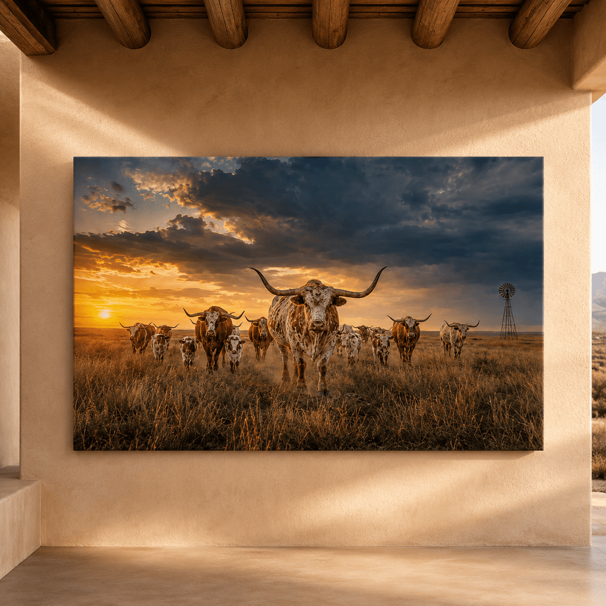 Texas Longhorn Herd at Sunset Wrapped Canvas Wall Art – Massive Horns Ranch Cattle Print - ART OF ROYALS