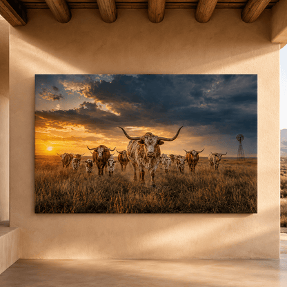 Texas Longhorn Herd at Sunset Wrapped Canvas Wall Art – Massive Horns Ranch Cattle Print - ART OF ROYALS