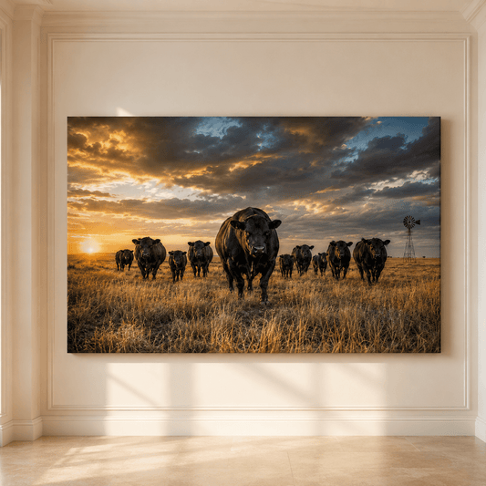 Black Angus Cattle Herd at Golden Sunset Wrapped Canvas Wall Art – Ranch Windmill Print - ART OF ROYALS