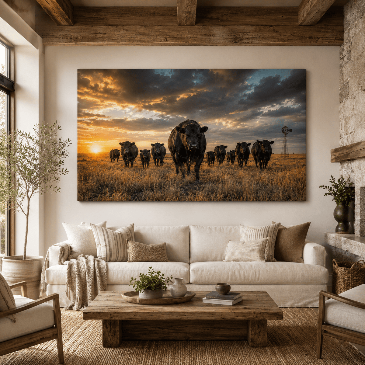 Black Angus Cattle Herd at Golden Sunset Wrapped Canvas Wall Art – Ranch Windmill Print - ART OF ROYALS