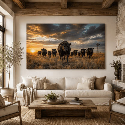 Black Angus Cattle Herd at Golden Sunset Wrapped Canvas Wall Art – Ranch Windmill Print - ART OF ROYALS