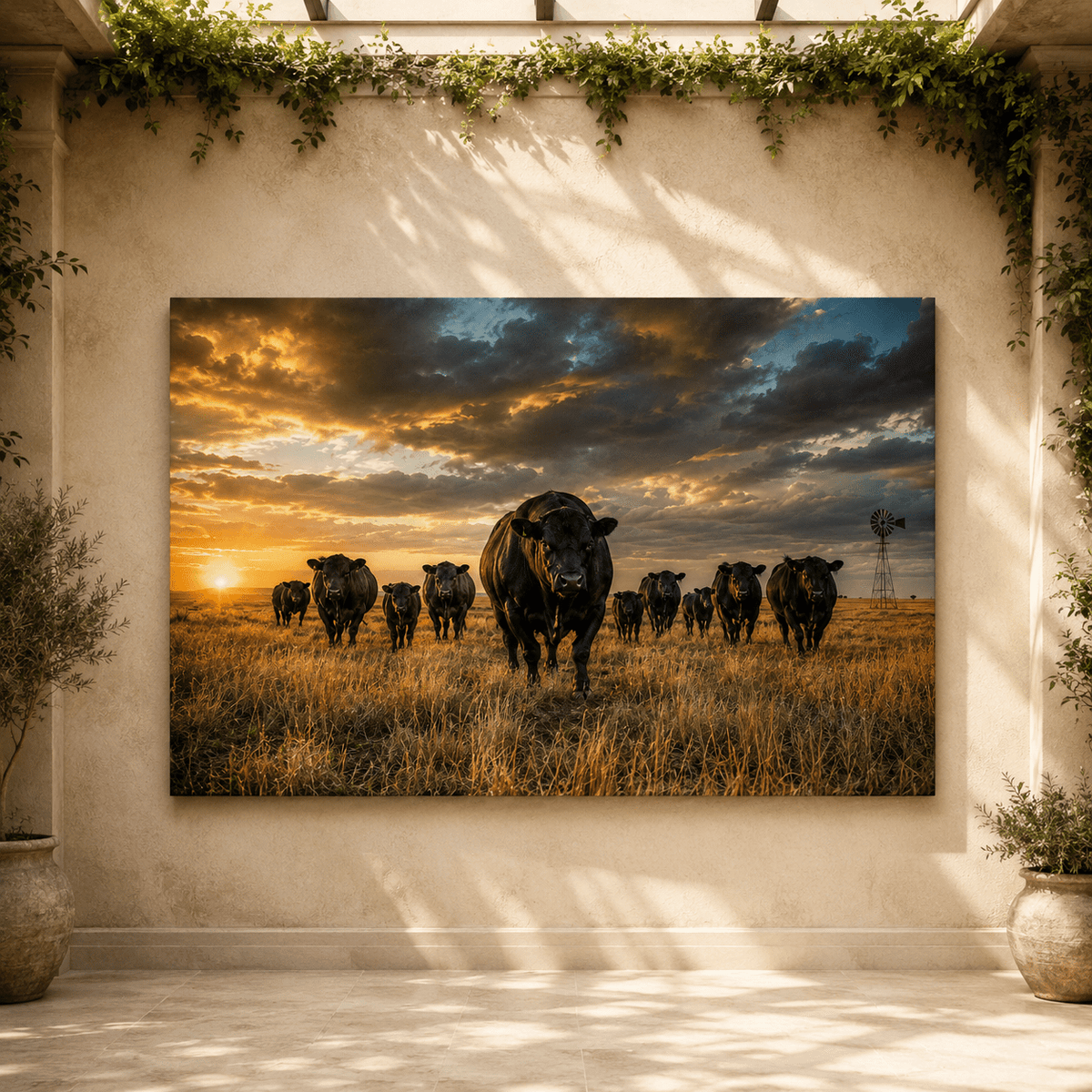 Black Angus Cattle Herd at Golden Sunset Wrapped Canvas Wall Art – Ranch Windmill Print - ART OF ROYALS