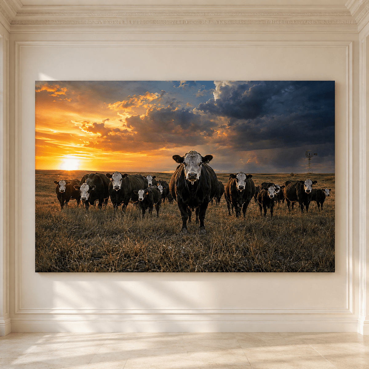 Black Baldy Hereford Cattle Herd at Stormy Sunset Wrapped Canvas Wall Art – White-Faced Ranch Print - ART OF ROYALS