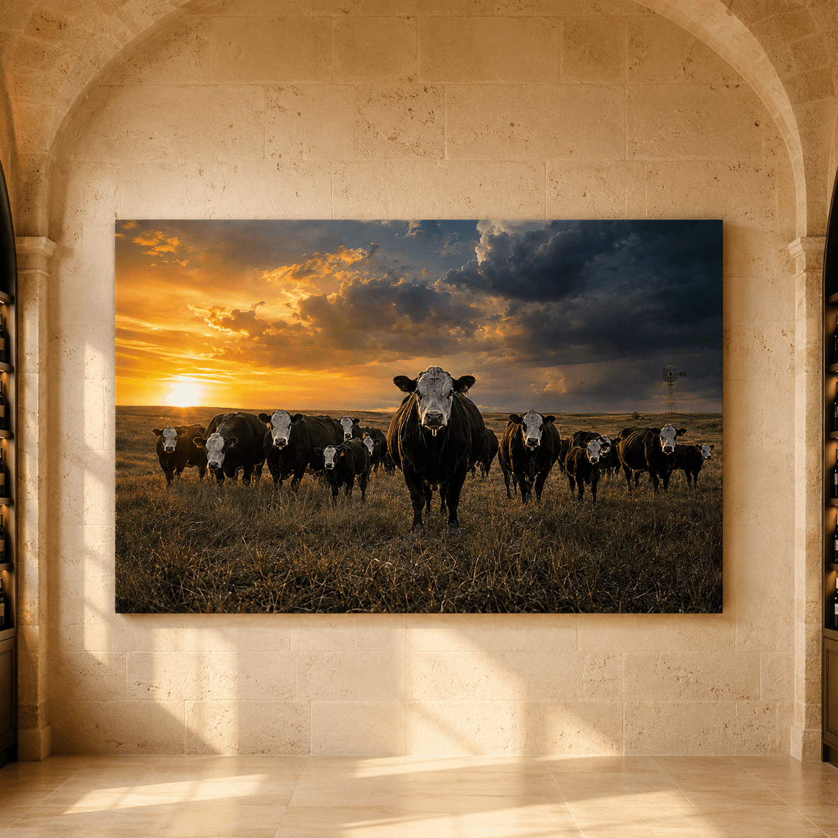 Black Baldy Hereford Cattle Herd at Stormy Sunset Wrapped Canvas Wall Art – White-Faced Ranch Print - ART OF ROYALS