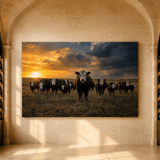 Black Baldy Hereford Cattle Herd at Stormy Sunset Wrapped Canvas Wall Art – White-Faced Ranch Print - ART OF ROYALS