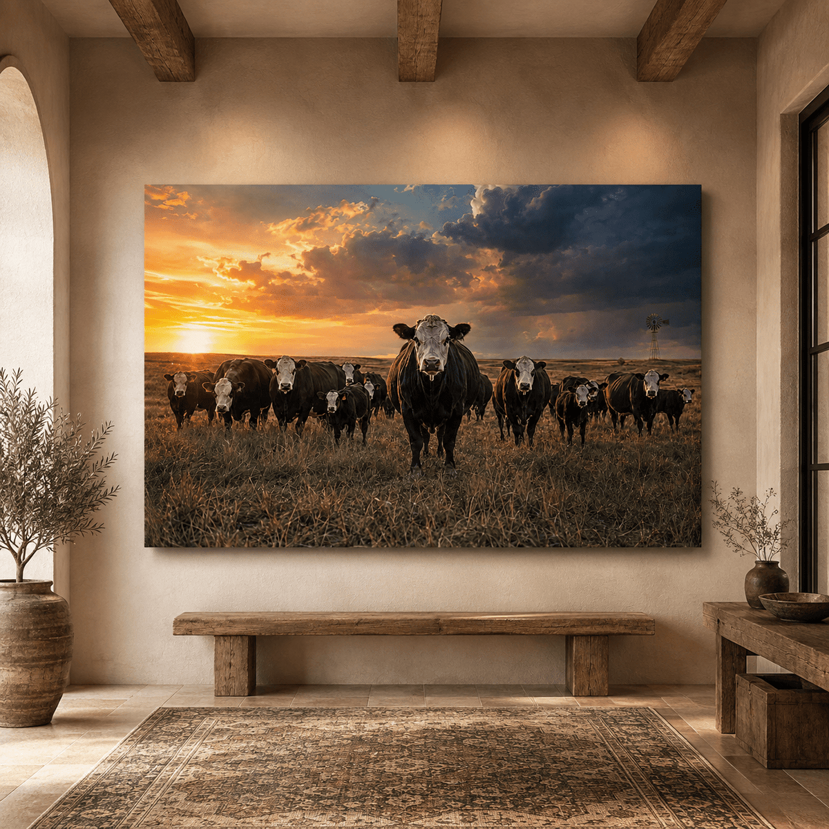 Black Baldy Hereford Cattle Herd at Stormy Sunset Wrapped Canvas Wall Art – White-Faced Ranch Print - ART OF ROYALS