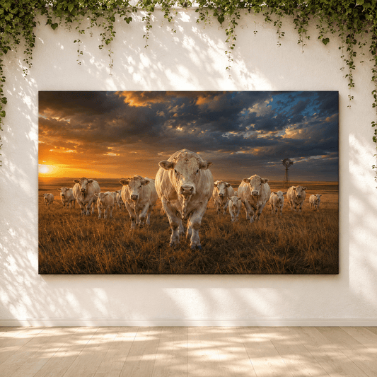 Charolais Cattle Herd at Golden Sunset Wrapped Canvas Wall Art – Cream-White Ranch Print - ART OF ROYALS