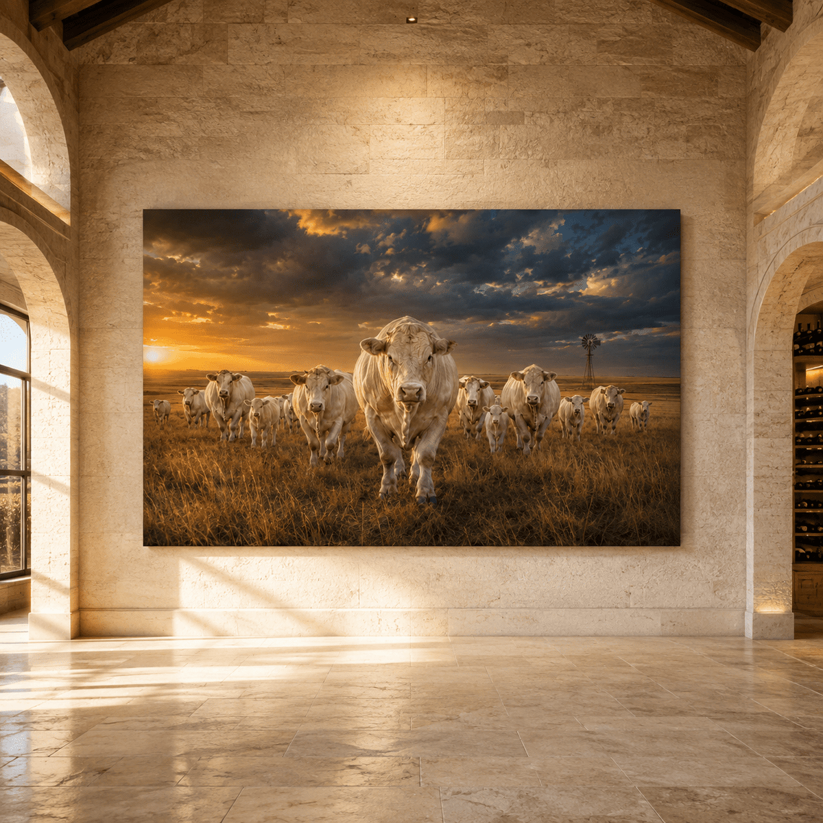 Charolais Cattle Herd at Golden Sunset Wrapped Canvas Wall Art – Cream-White Ranch Print - ART OF ROYALS