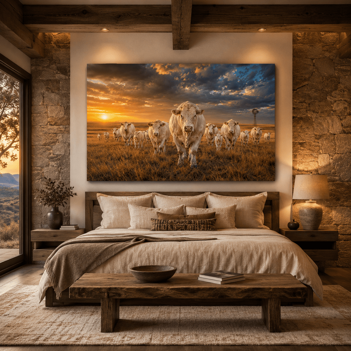 Charolais Cattle Herd at Golden Sunset Wrapped Canvas Wall Art – Cream-White Ranch Print - ART OF ROYALS