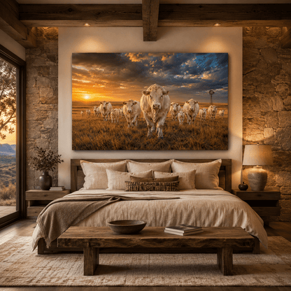 Charolais Cattle Herd at Golden Sunset Wrapped Canvas Wall Art – Cream-White Ranch Print - ART OF ROYALS