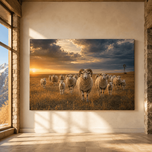 Ram Leading the Flock at Sunset Wrapped Canvas Wall Art – Farmhouse Sheep Ranch Print - ART OF ROYALS