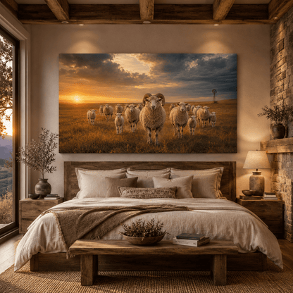 Ram Leading the Flock at Sunset Wrapped Canvas Wall Art – Farmhouse Sheep Ranch Print - ART OF ROYALS