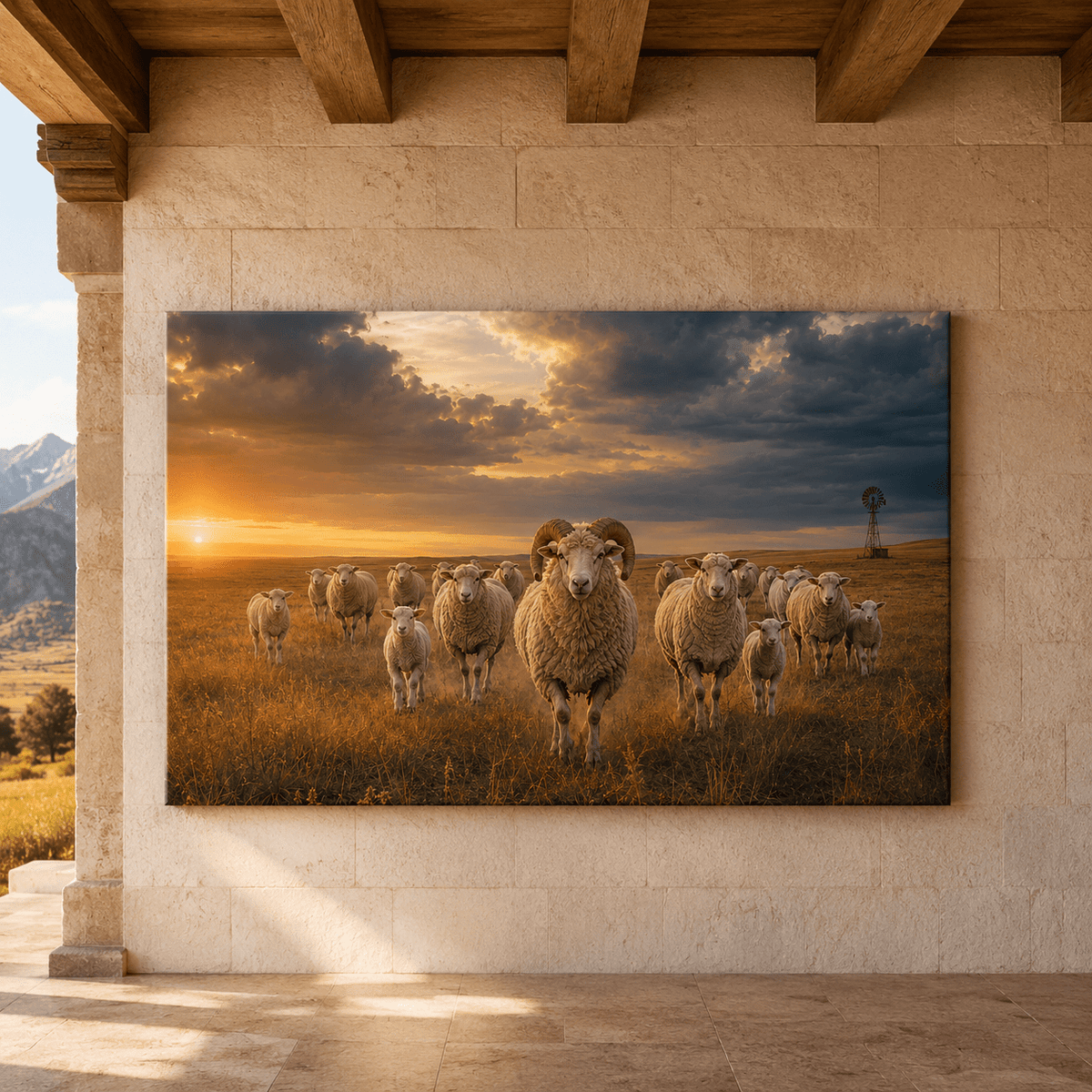Ram Leading the Flock at Sunset Wrapped Canvas Wall Art – Farmhouse Sheep Ranch Print - ART OF ROYALS