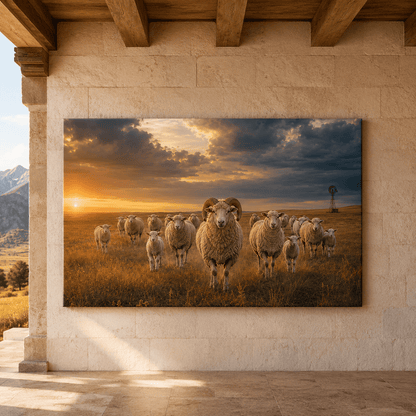 Ram Leading the Flock at Sunset Wrapped Canvas Wall Art – Farmhouse Sheep Ranch Print - ART OF ROYALS