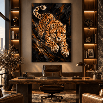 Leaping Leopard Canvas Wall Art – Golden Spotted Big Cat on Dark Abstract Background - ART OF ROYALS