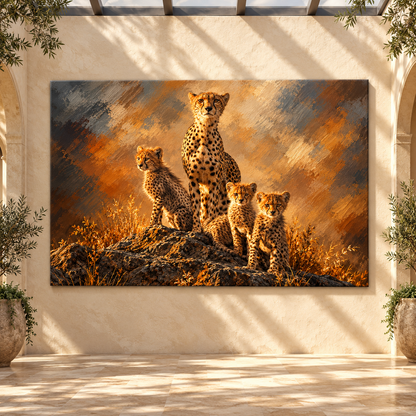 Cheetah Mother & Cubs Wrapped Canvas Wall Art – African Cheetah Family Painting