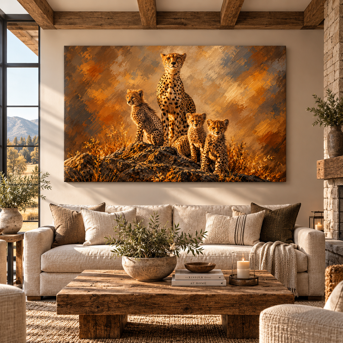 Cheetah Mother & Cubs Wrapped Canvas Wall Art – African Cheetah Family Painting