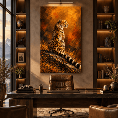 African Cheetah on Rocky Ledge Wrapped Canvas Wall Art – Golden Big Cat Wildlife Painting