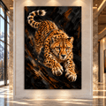 Leaping Leopard Canvas Wall Art – Golden Spotted Big Cat on Dark Abstract Background