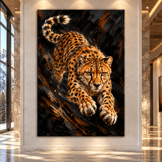 Leaping Leopard Canvas Wall Art – Golden Spotted Big Cat on Dark Abstract Background - ART OF ROYALS