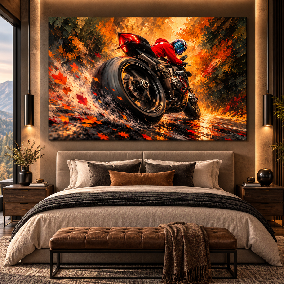 Sport Motorcycle Rider Wrapped Canvas Wall Art – Red Biker Speed & Autumn Road Painting