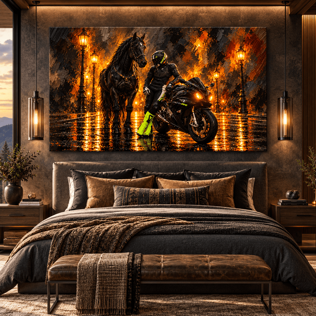 Black Friesian Horse & BMW Sportbike Wrapped Canvas Wall Art – Equestrian Motorcycle Night Painting - ART OF ROYALS