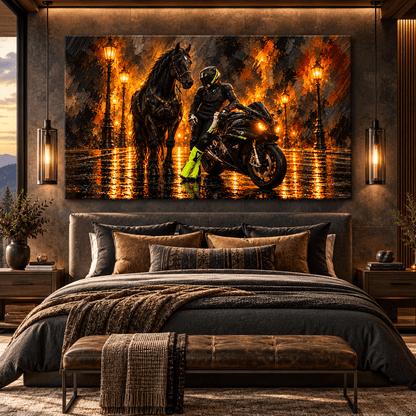 Black Friesian Horse & BMW Sportbike Wrapped Canvas Wall Art – Equestrian Motorcycle Night Painting - ART OF ROYALS