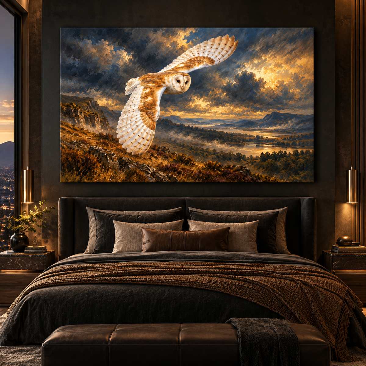 Barn Owl in Flight Wrapped Canvas Wall Art – Golden Mountain Valley Wildlife Painting