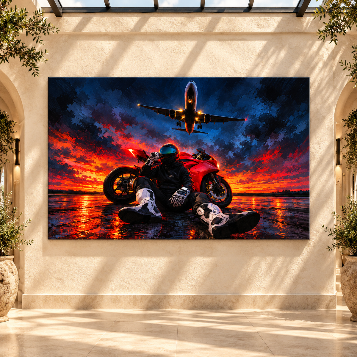 Motorcycle Rider & Airplane Wrapped Canvas Wall Art – Red Sportbike Aviation Adventure Painting