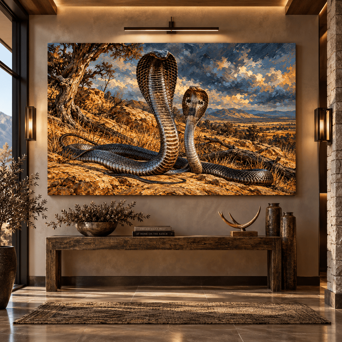 King Cobra Snake Canvas Wall Art – Two Majestic Cobras in a Dramatic Rocky Wilderness Painting - ART OF ROYALS