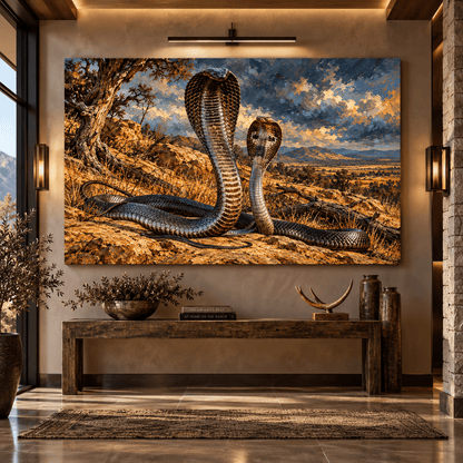 King Cobra Snake Canvas Wall Art – Two Majestic Cobras in a Dramatic Rocky Wilderness Painting - ART OF ROYALS