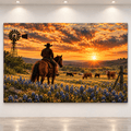 Cowboy Watching Cattle Herd in Texas Bluebonnet Field at Sunset Wrapped Canvas Wall Art – Ranch Longhorn Print