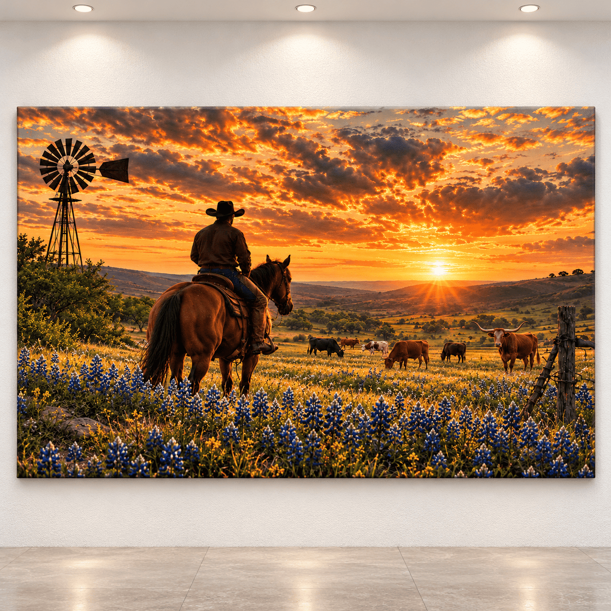 Cowboy Watching Cattle Herd in Texas Bluebonnet Field at Sunset Wrapped Canvas Wall Art – Ranch Longhorn Print - ART OF ROYALS