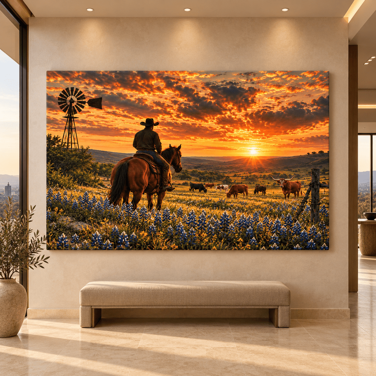Cowboy Watching Cattle Herd in Texas Bluebonnet Field at Sunset Wrapped Canvas Wall Art – Ranch Longhorn Print - ART OF ROYALS