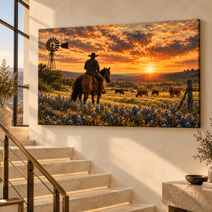Cowboy Watching Cattle Herd in Texas Bluebonnet Field at Sunset Wrapped Canvas Wall Art – Ranch Longhorn Print - ART OF ROYALS
