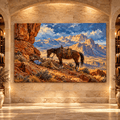 Bay Quarter Horse & Resting Cowboy Wrapped Canvas Wall Art – Western Desert Ranch Painting