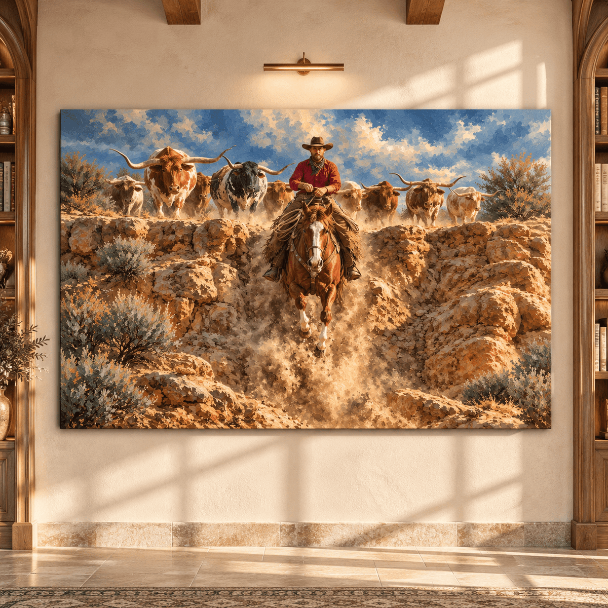 Texas Longhorn Cattle Drive Canvas Wall Art – Cowboy on Chestnut Horse Western Ranch Painting - ART OF ROYALS