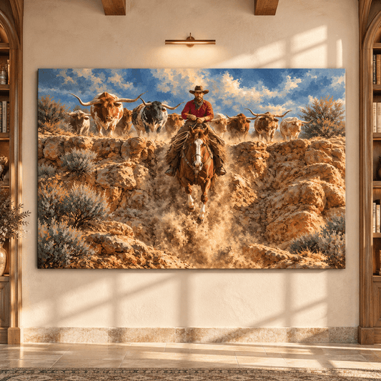 Texas Longhorn Cattle Drive Canvas Wall Art – Cowboy on Chestnut Horse Western Ranch Painting - ART OF ROYALS
