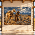 Cowboy Fixing Ranch Fence Canvas Wall Art – Palomino Horse and Snowy Mountain Western Oil Painting