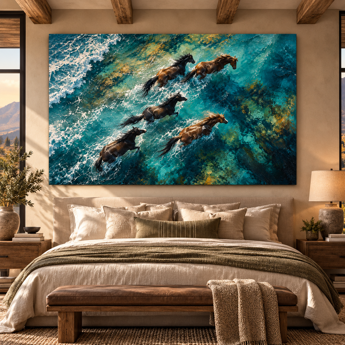Wild Horses Running Through Ocean Waves Wrapped Canvas Wall Art – Coastal Horse Painting