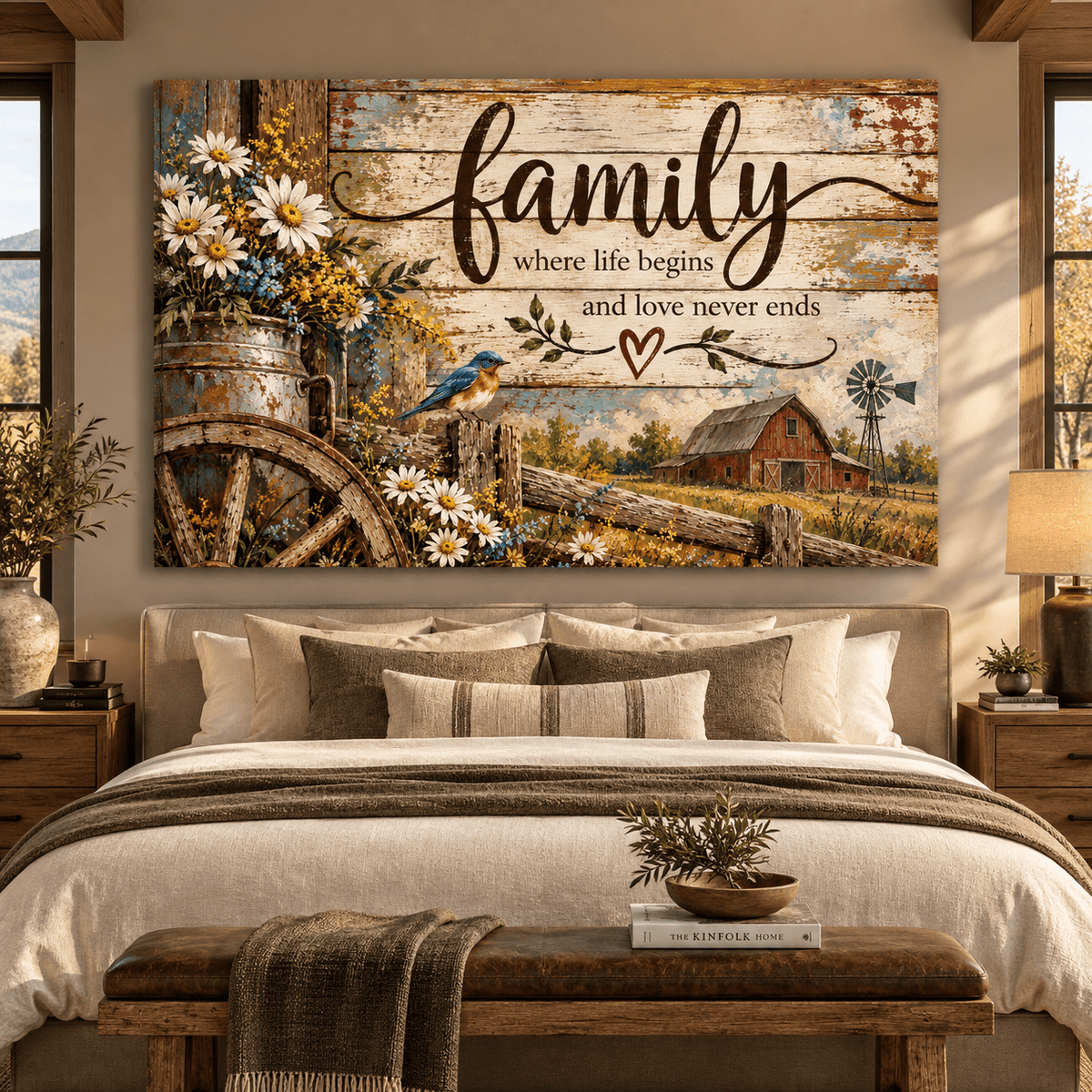Family Where Life Begins Canvas Wall Art – Rustic Farmhouse Family Love Quote with Bluebird and Wildflowers - ART OF ROYALS