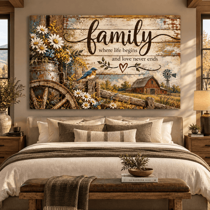 Family Where Life Begins Canvas Wall Art – Rustic Farmhouse Family Love Quote with Bluebird and Wildflowers - ART OF ROYALS